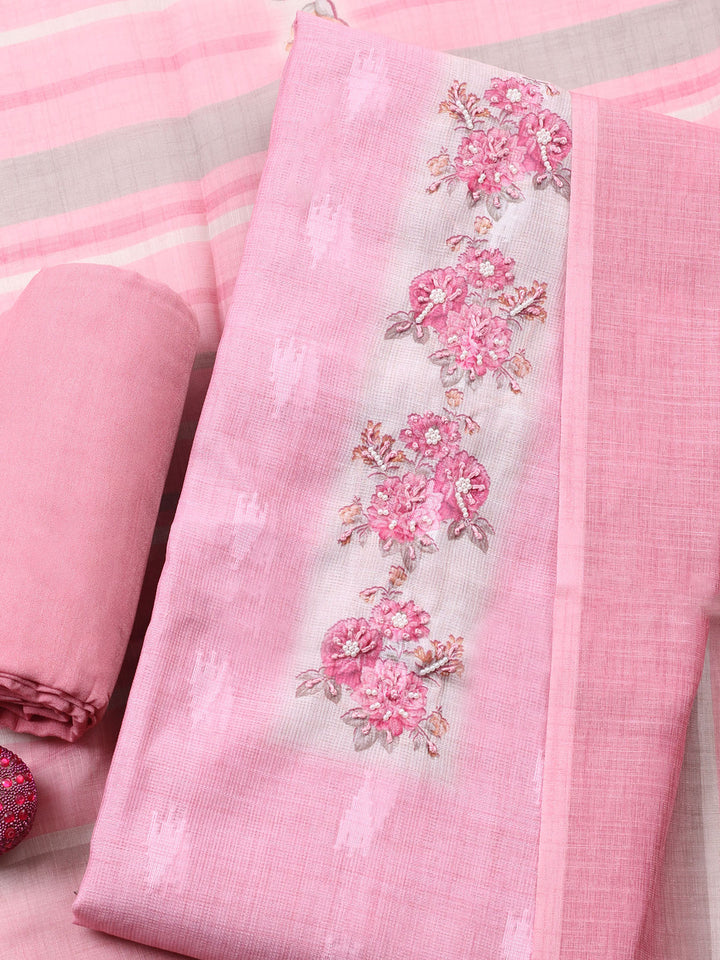 Pink Printed Cotton Blend Unstitched Suit &amp; Pant With Cotton Dupatta