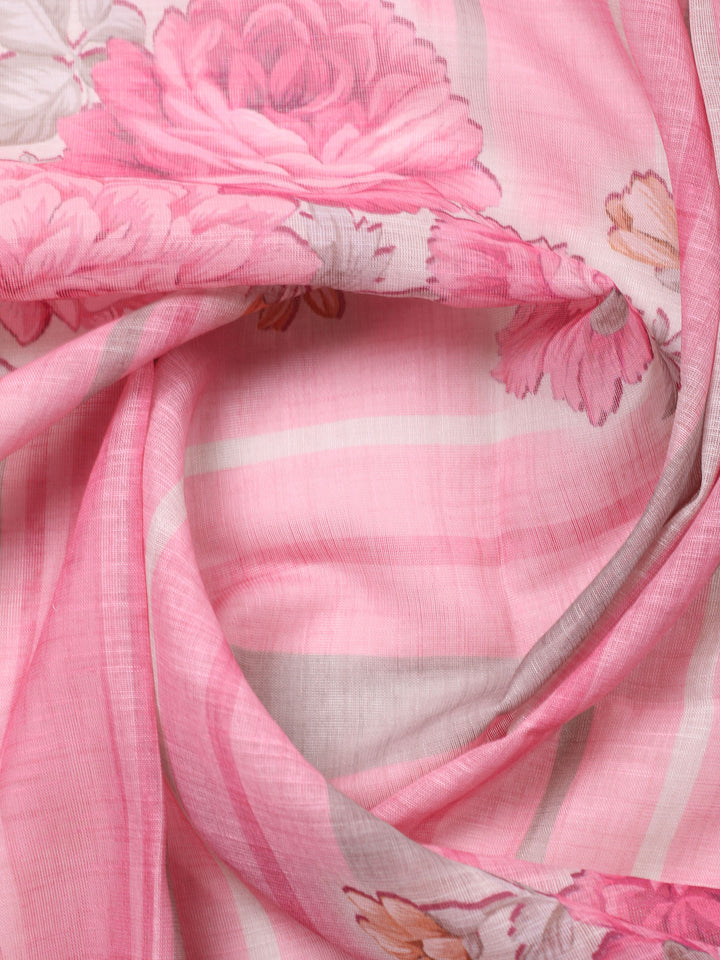 Pink Printed Cotton Blend Unstitched Suit &amp; Pant With Cotton Dupatta
