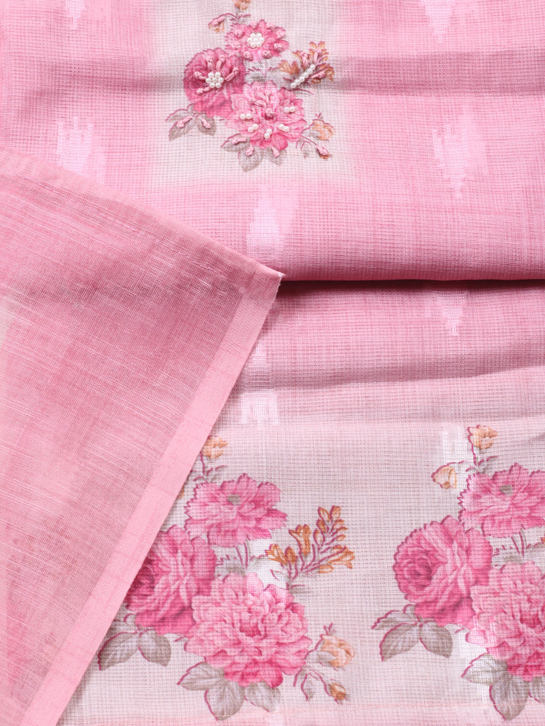 Pink Printed Cotton Blend Unstitched Suit &amp; Pant With Cotton Dupatta