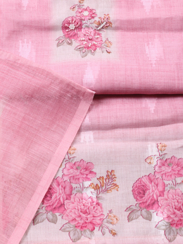 Pink Printed Cotton Blend Unstitched Suit &amp; Pant With Cotton Dupatta