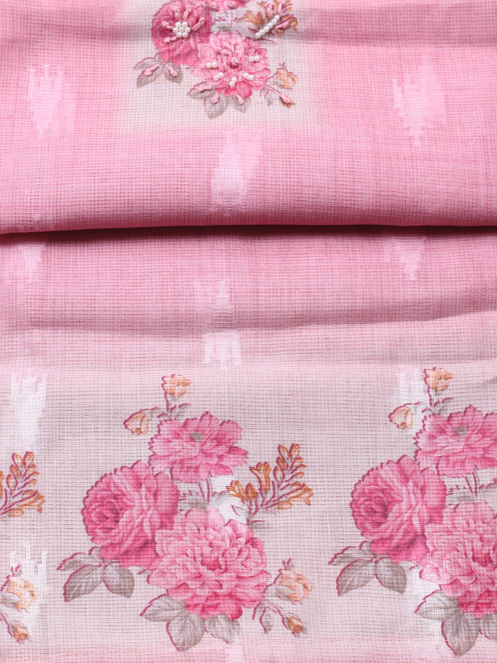 Pink Printed Cotton Blend Unstitched Suit &amp; Pant With Cotton Dupatta
