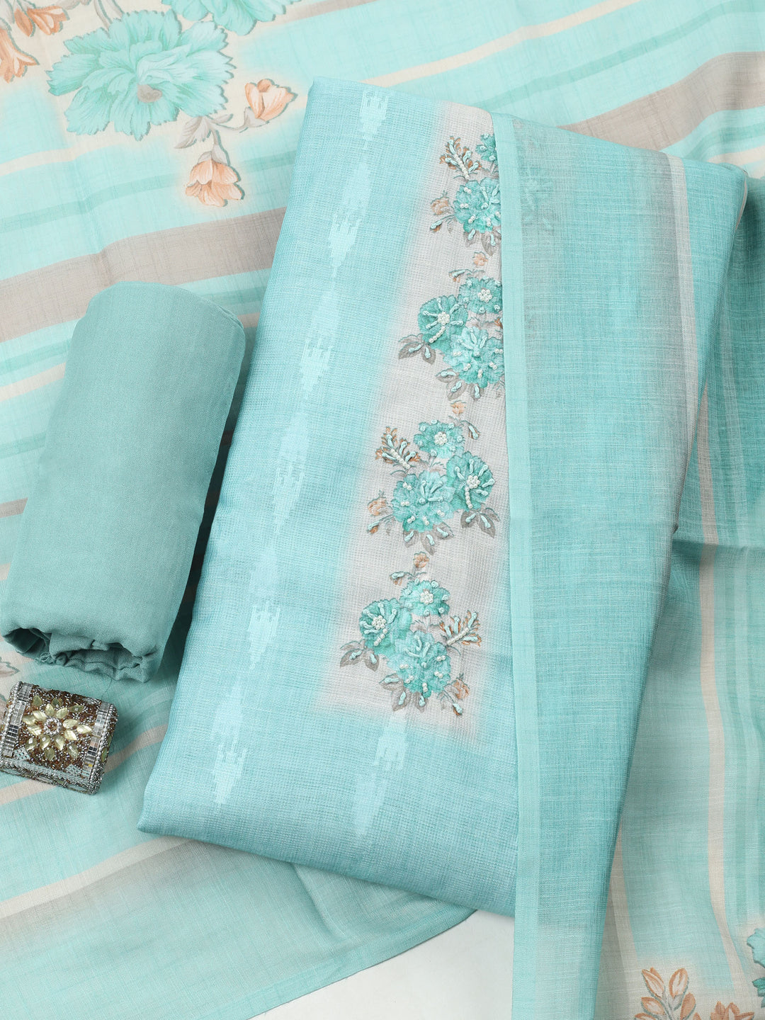 Sea Green Printed Cotton Blend Unstitched Suit &amp; Pant With Cotton Dupatta