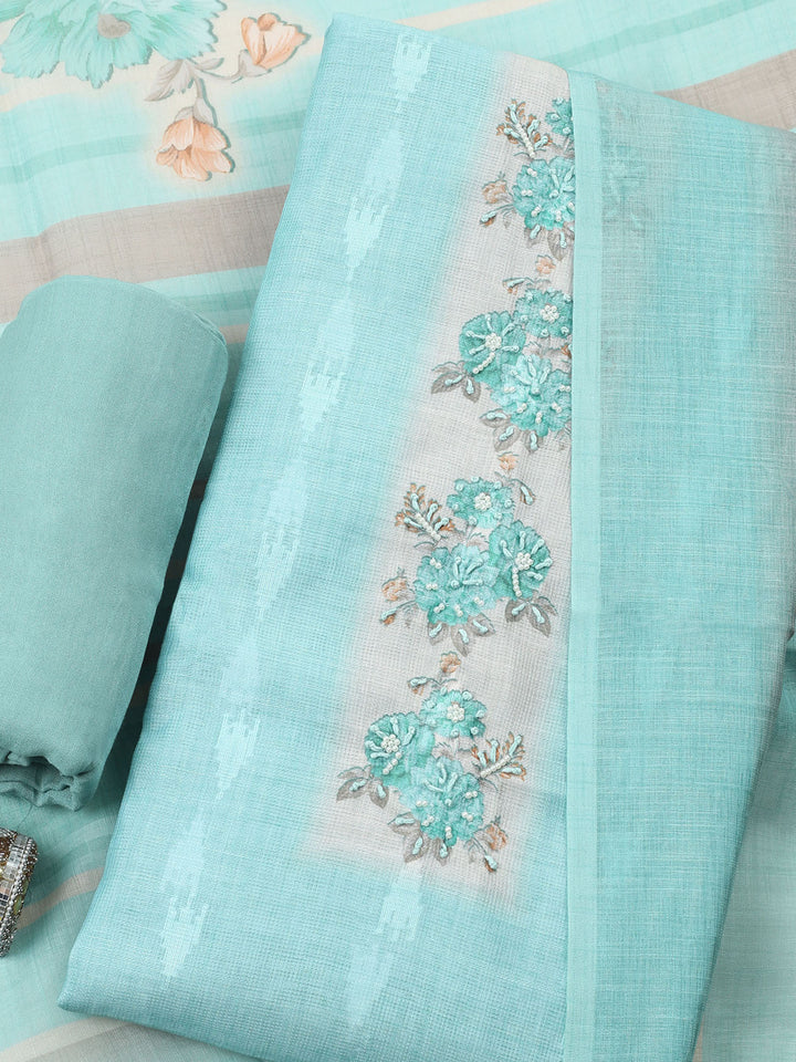 Sea Green Printed Cotton Blend Unstitched Suit &amp; Pant With Cotton Dupatta