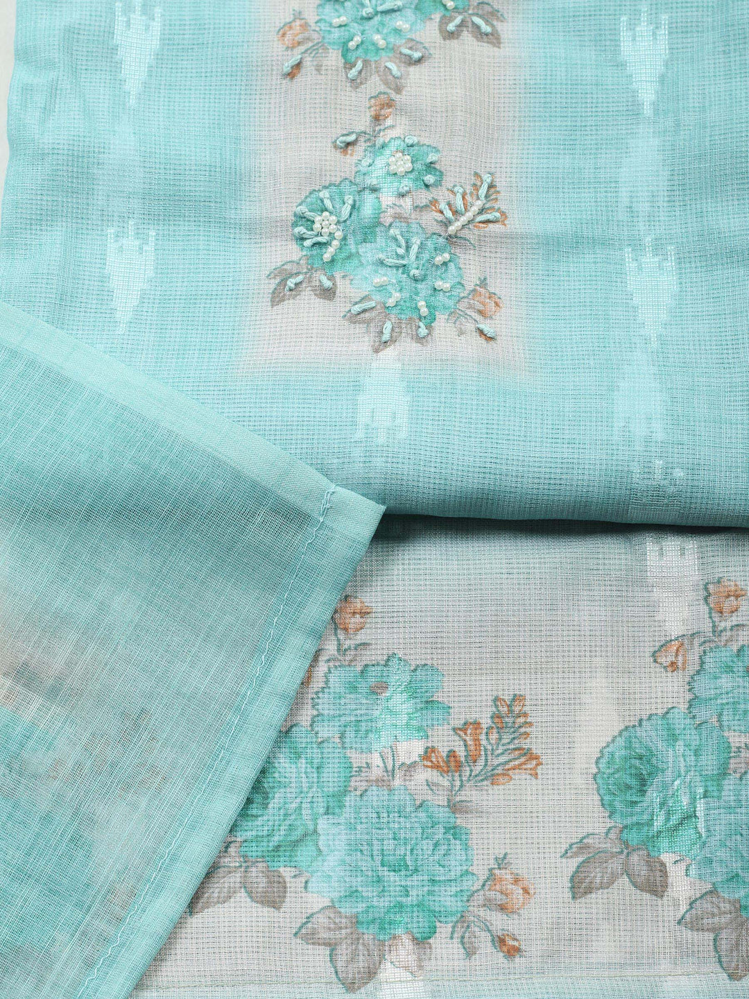 Sea Green Printed Cotton Blend Unstitched Suit &amp; Pant With Cotton Dupatta