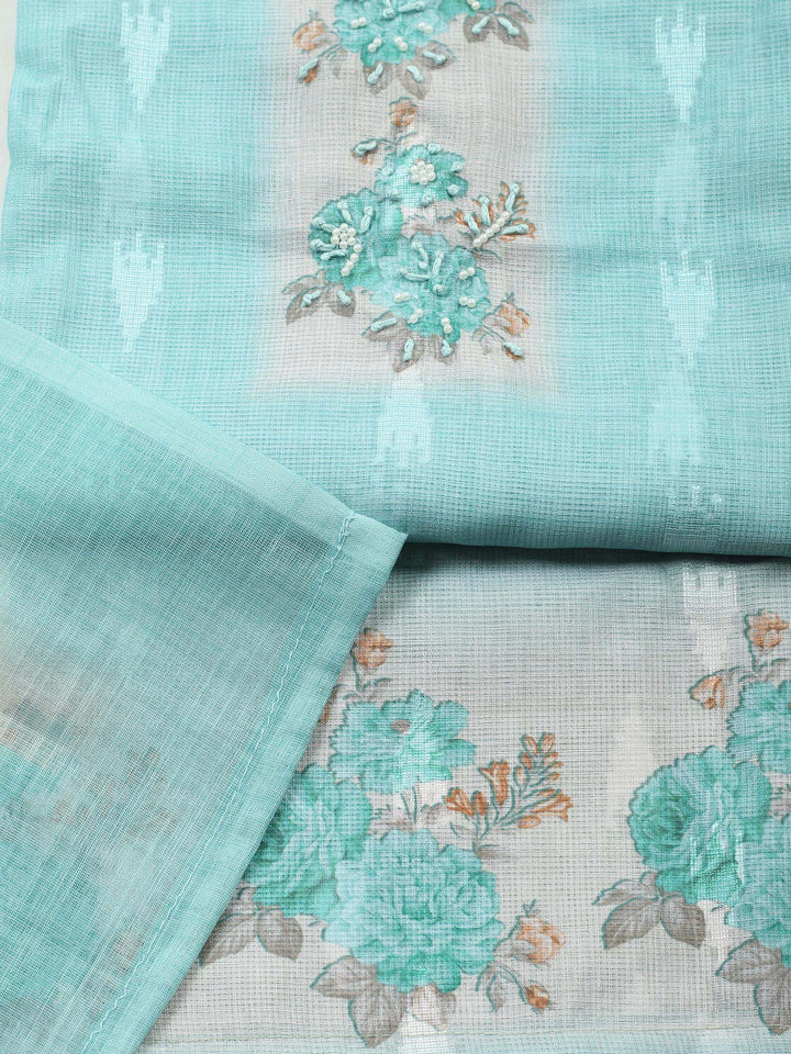 Sea Green Printed Cotton Blend Unstitched Suit &amp; Pant With Cotton Dupatta