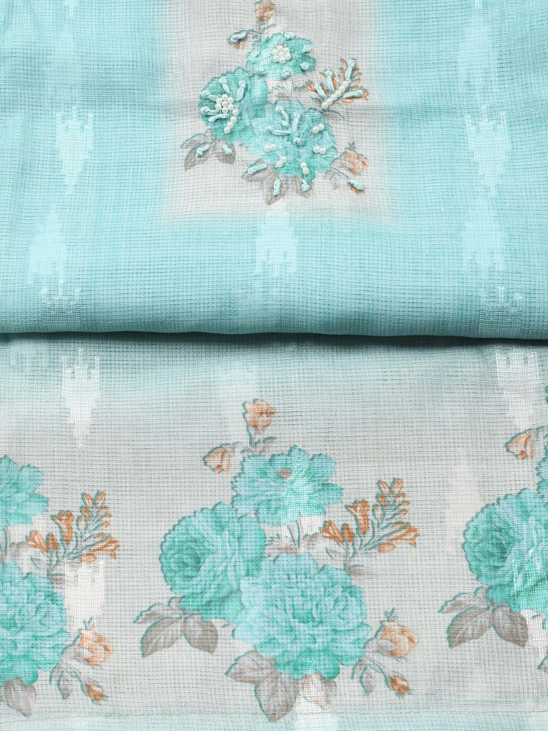 Sea Green Printed Cotton Blend Unstitched Suit &amp; Pant With Cotton Dupatta