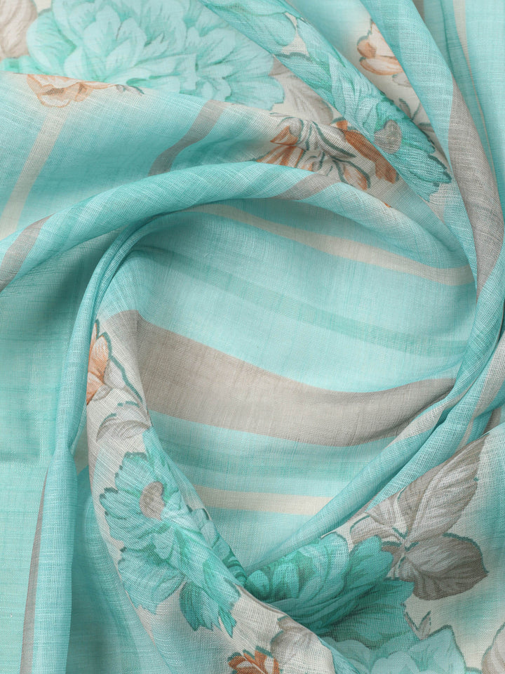 Sea Green Printed Cotton Blend Unstitched Suit &amp; Pant With Cotton Dupatta