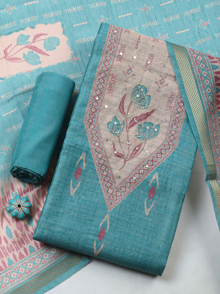 Aqua Printed Chanderi Unstitched Dress Material