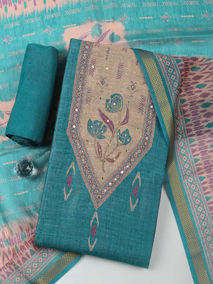 Grey Printed Chanderi Unstitched Dress Material