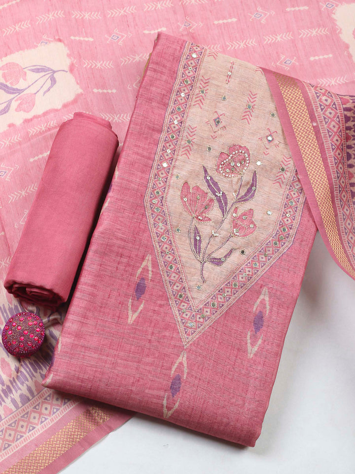 Pink Printed Chanderi Unstitched Dress Material