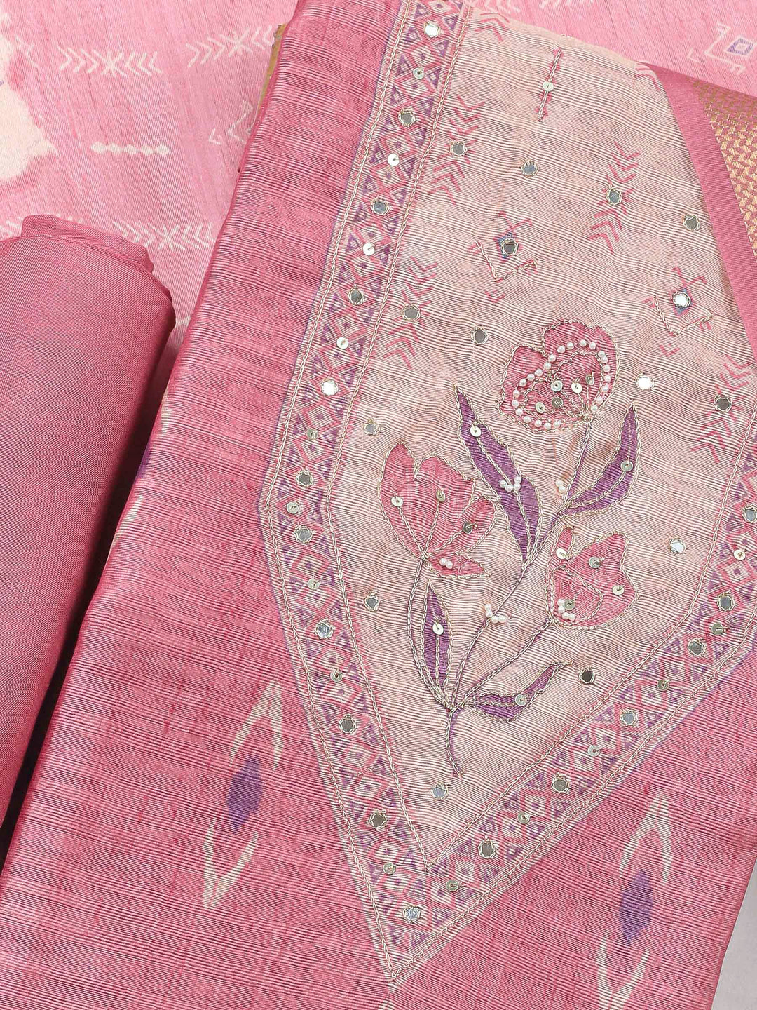 Pink Printed Chanderi Unstitched Dress Material