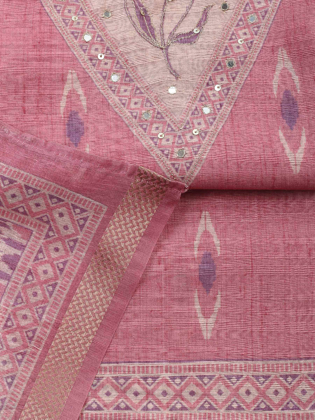 Pink Printed Chanderi Unstitched Dress Material