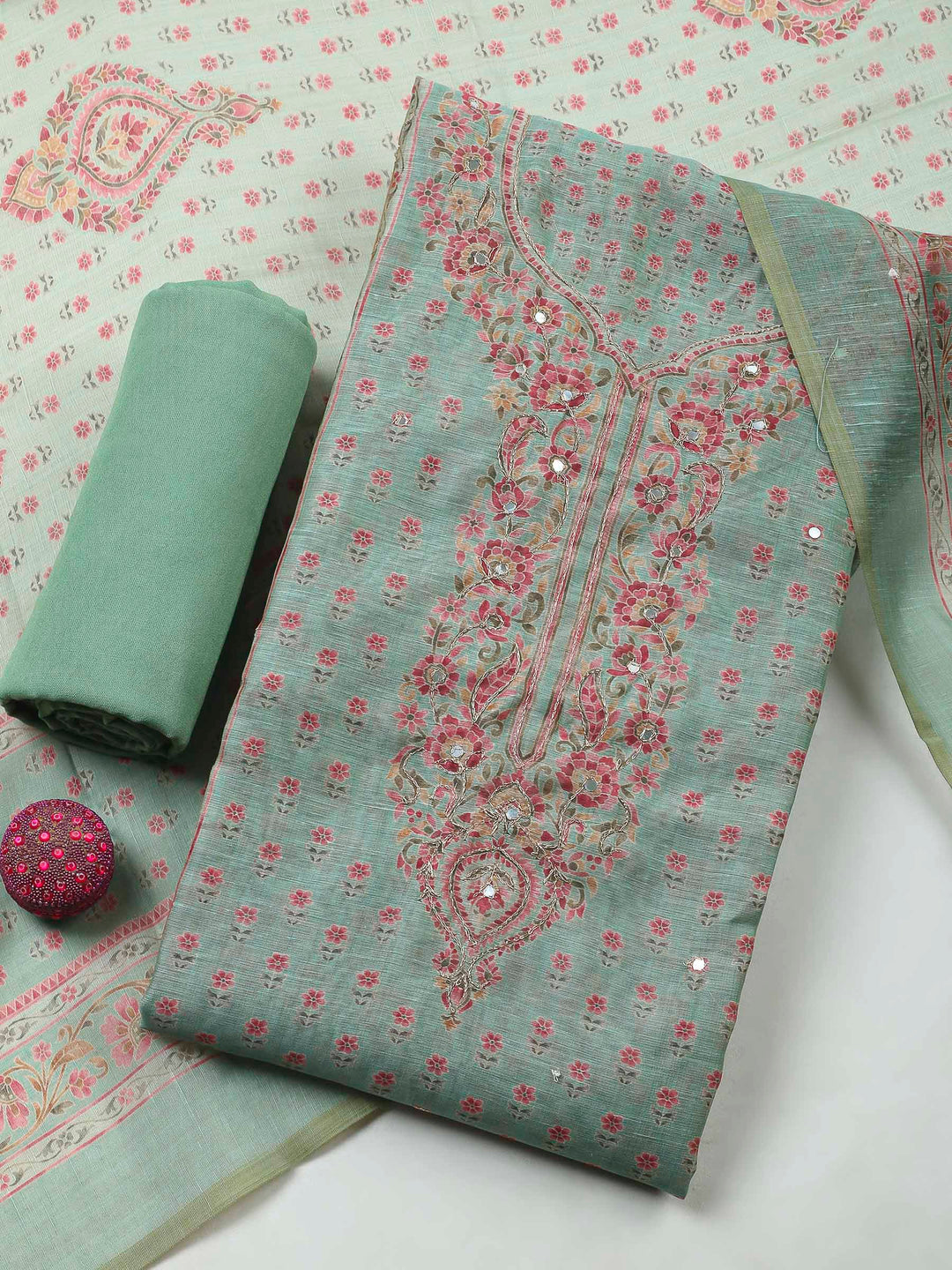 Aqua Green Printed Chanderi Unstitched Dress Material