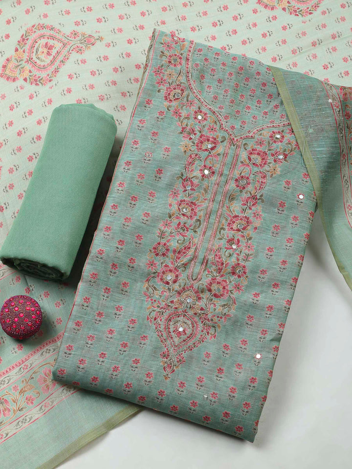 Aqua Green Printed Chanderi Unstitched Dress Material