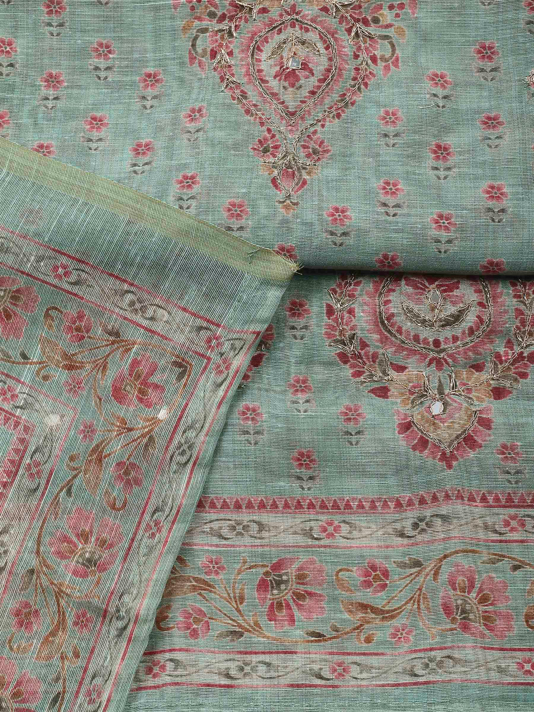 Aqua Green Printed Chanderi Unstitched Dress Material