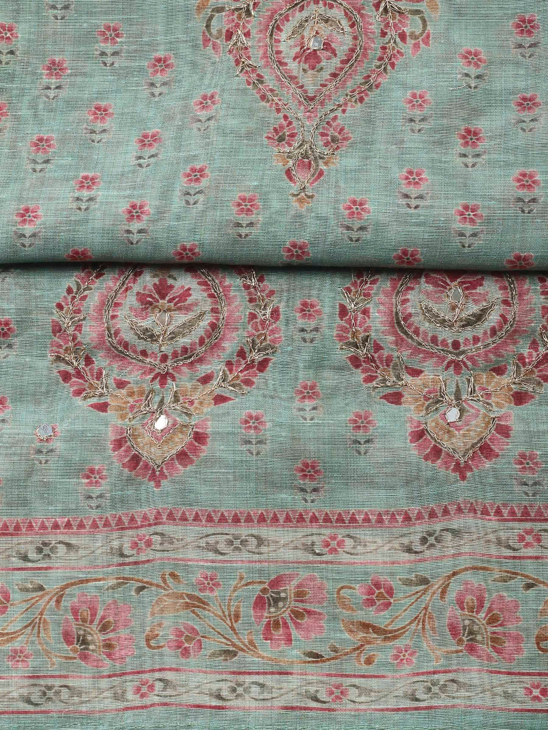 Aqua Green Printed Chanderi Unstitched Dress Material