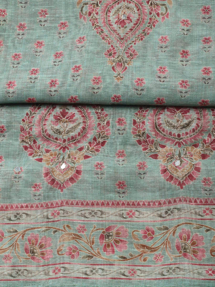 Aqua Green Printed Chanderi Unstitched Dress Material