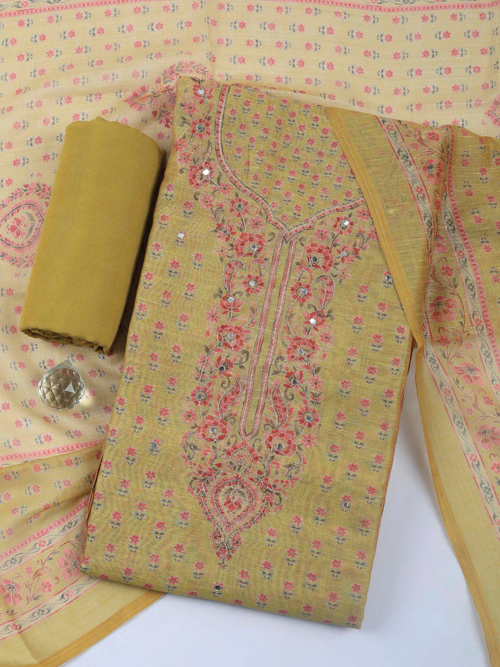 Mustard Printed Chanderi Unstitched Dress Material