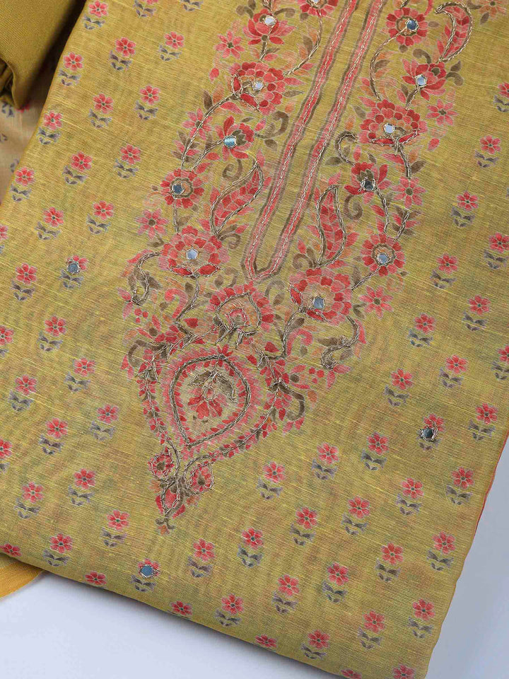 Mustard Printed Chanderi Unstitched Dress Material