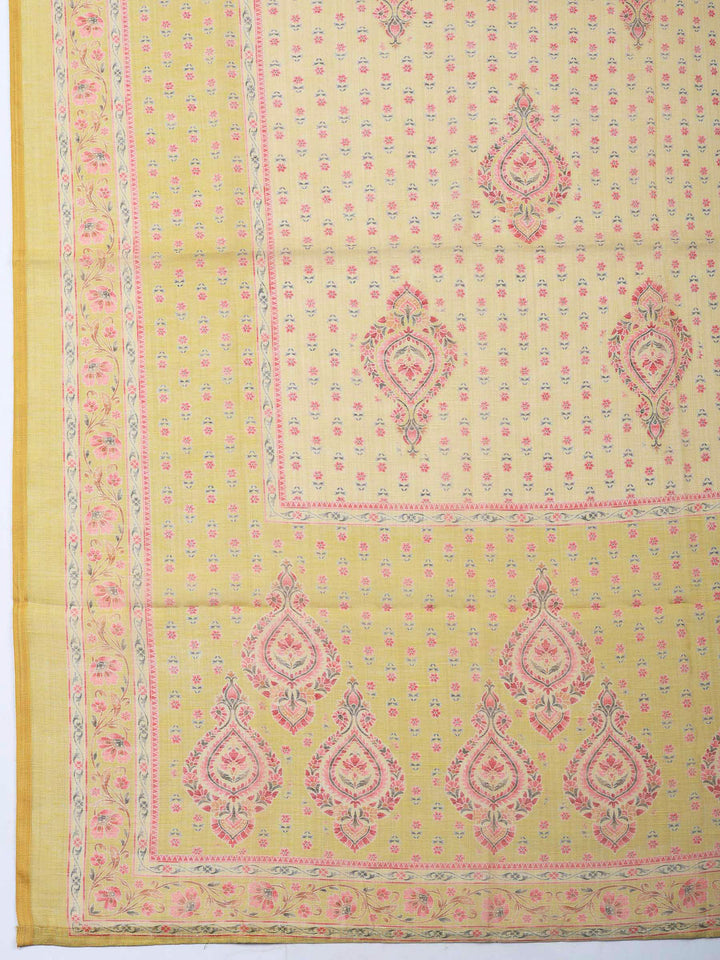 Mustard Printed Chanderi Unstitched Dress Material