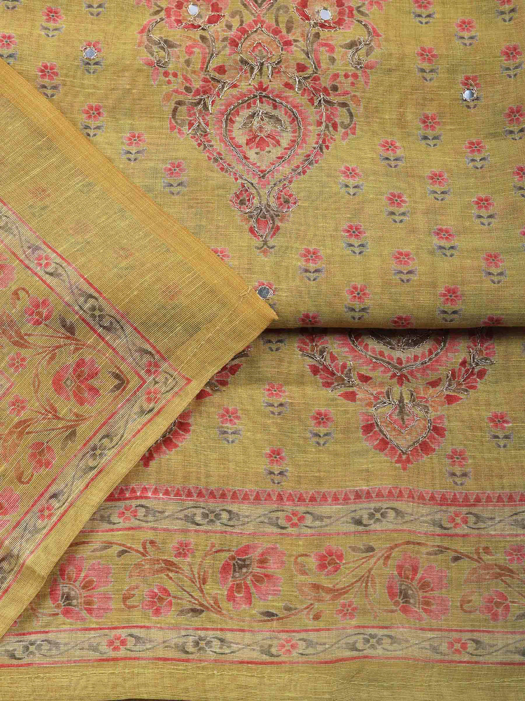 Mustard Printed Chanderi Unstitched Dress Material