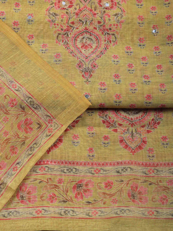 Mustard Printed Chanderi Unstitched Dress Material