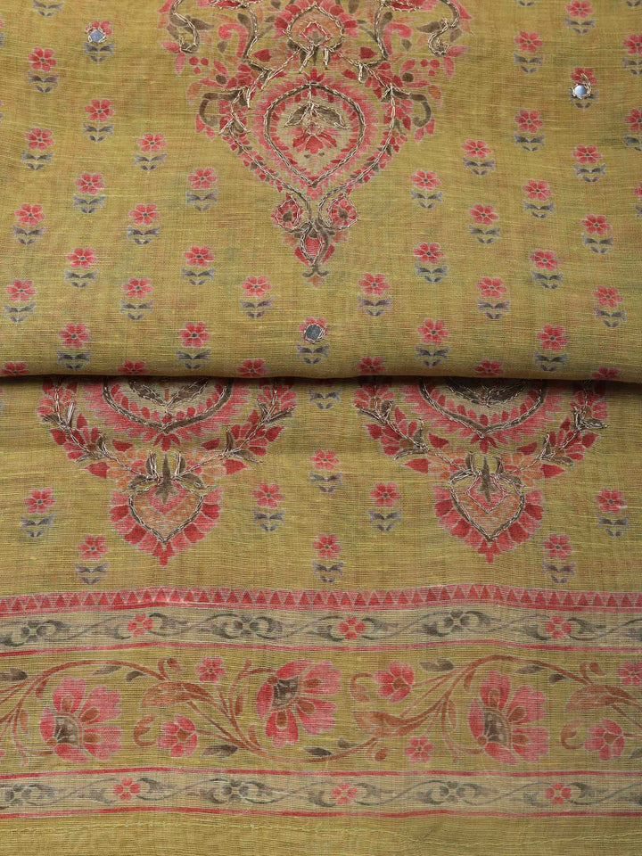 Mustard Printed Chanderi Unstitched Dress Material