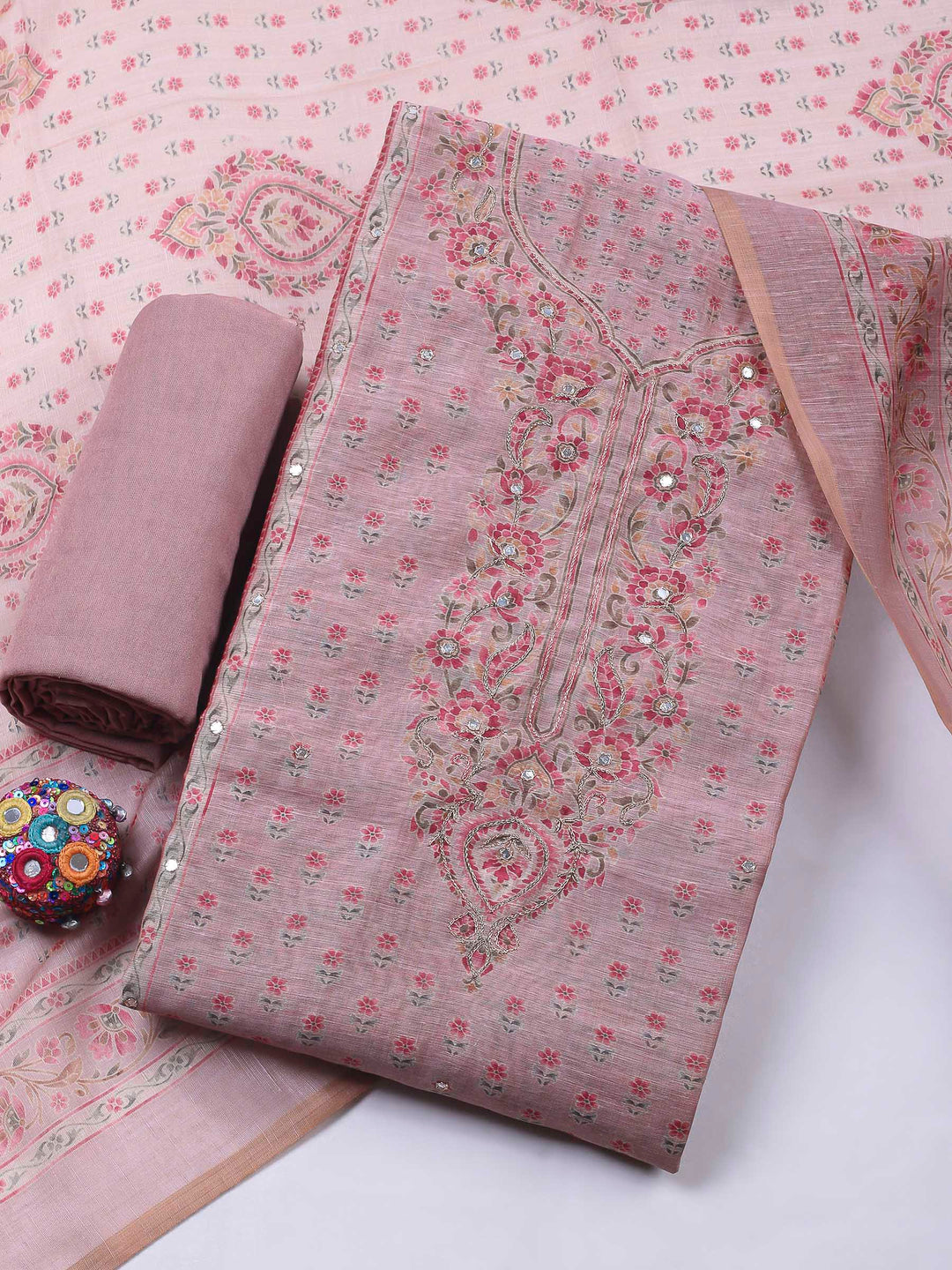 Onion Pink Printed Chanderi Unstitched Dress Material