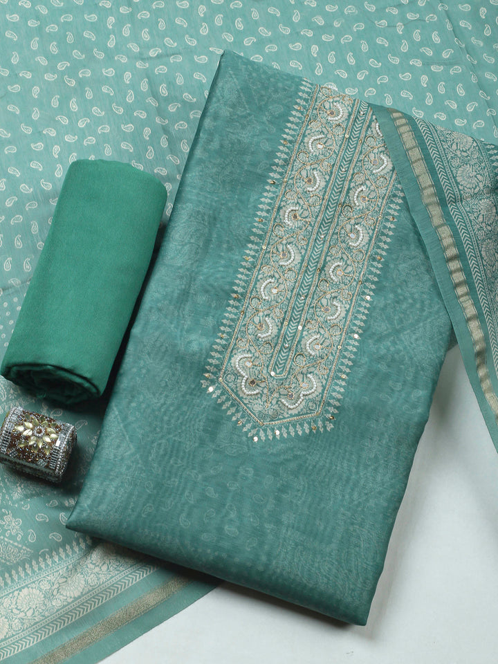 Green Printed Chanderi Unstitched Dress Material