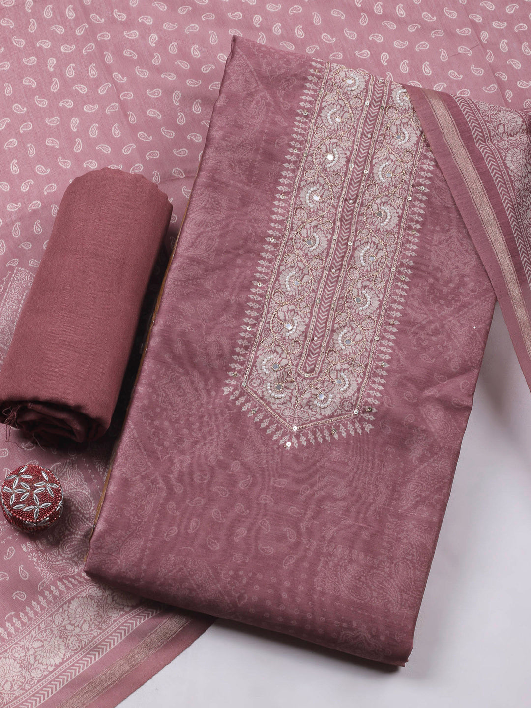 Onion Pink Printed Chanderi Unstitched Dress Material