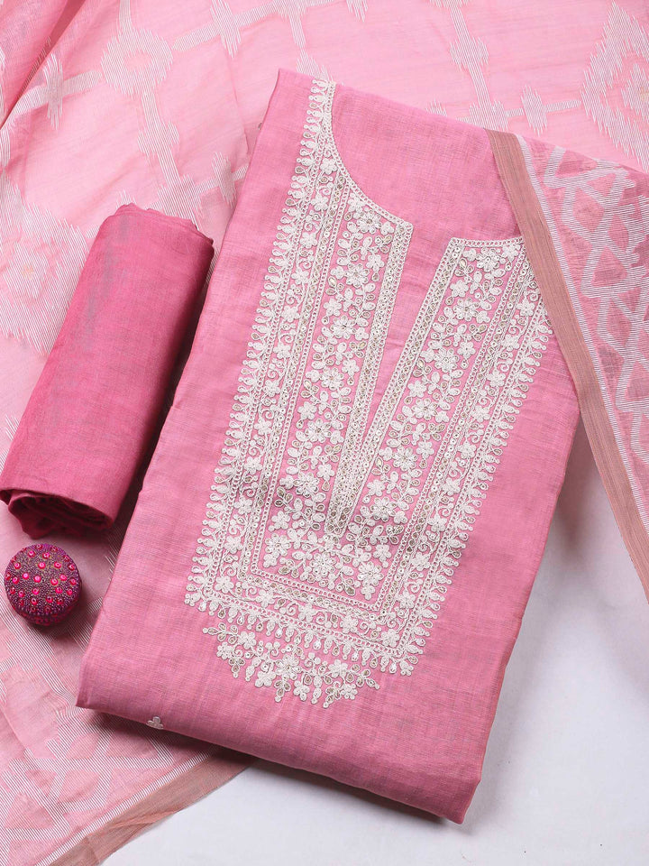 Pink Embroidery Chanderi Unstitched Dress Material