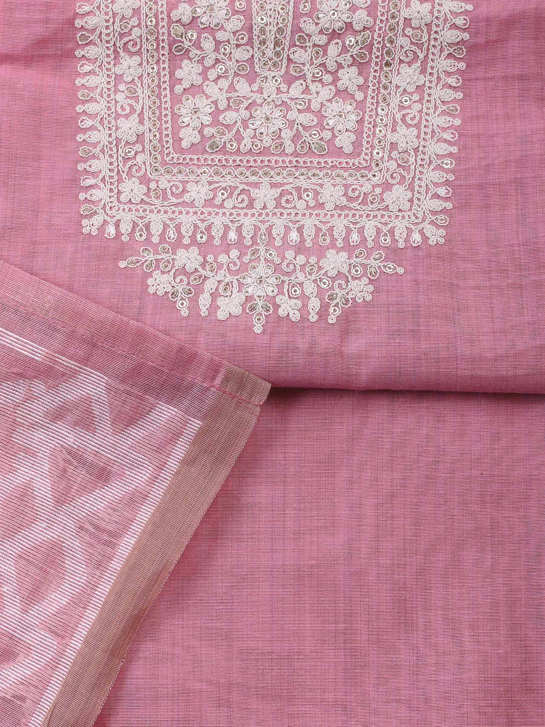 Pink Embroidery Chanderi Unstitched Dress Material
