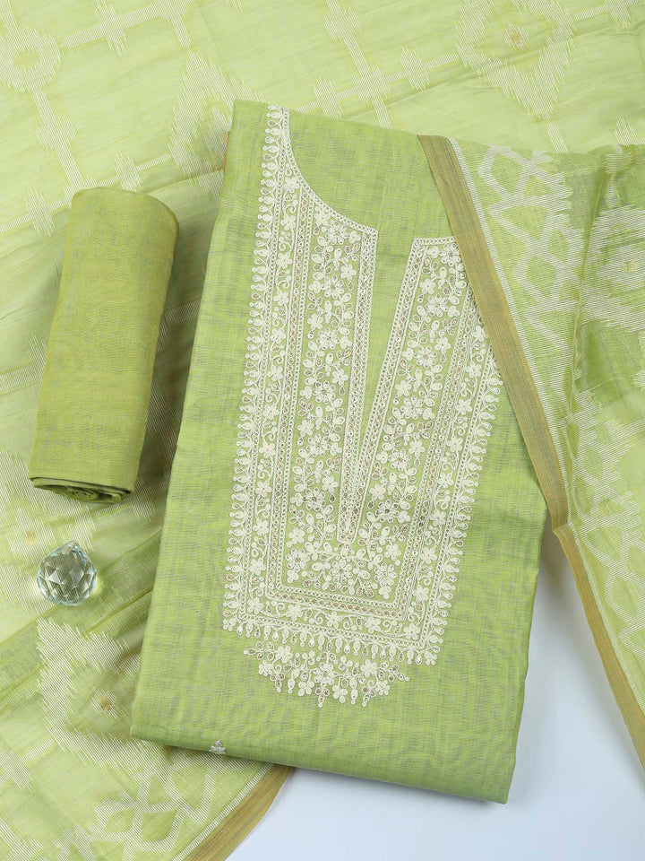 Pista Green Embroidery Chanderi Unstitched Dress Material