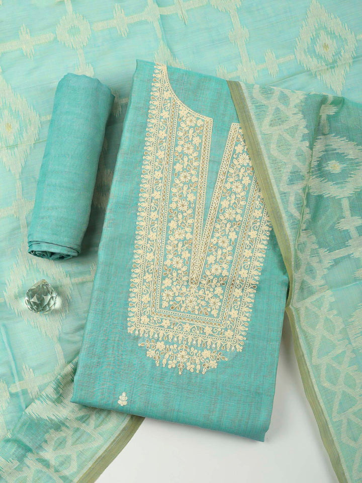 Sea Green Embroidery Chanderi Unstitched Dress Material