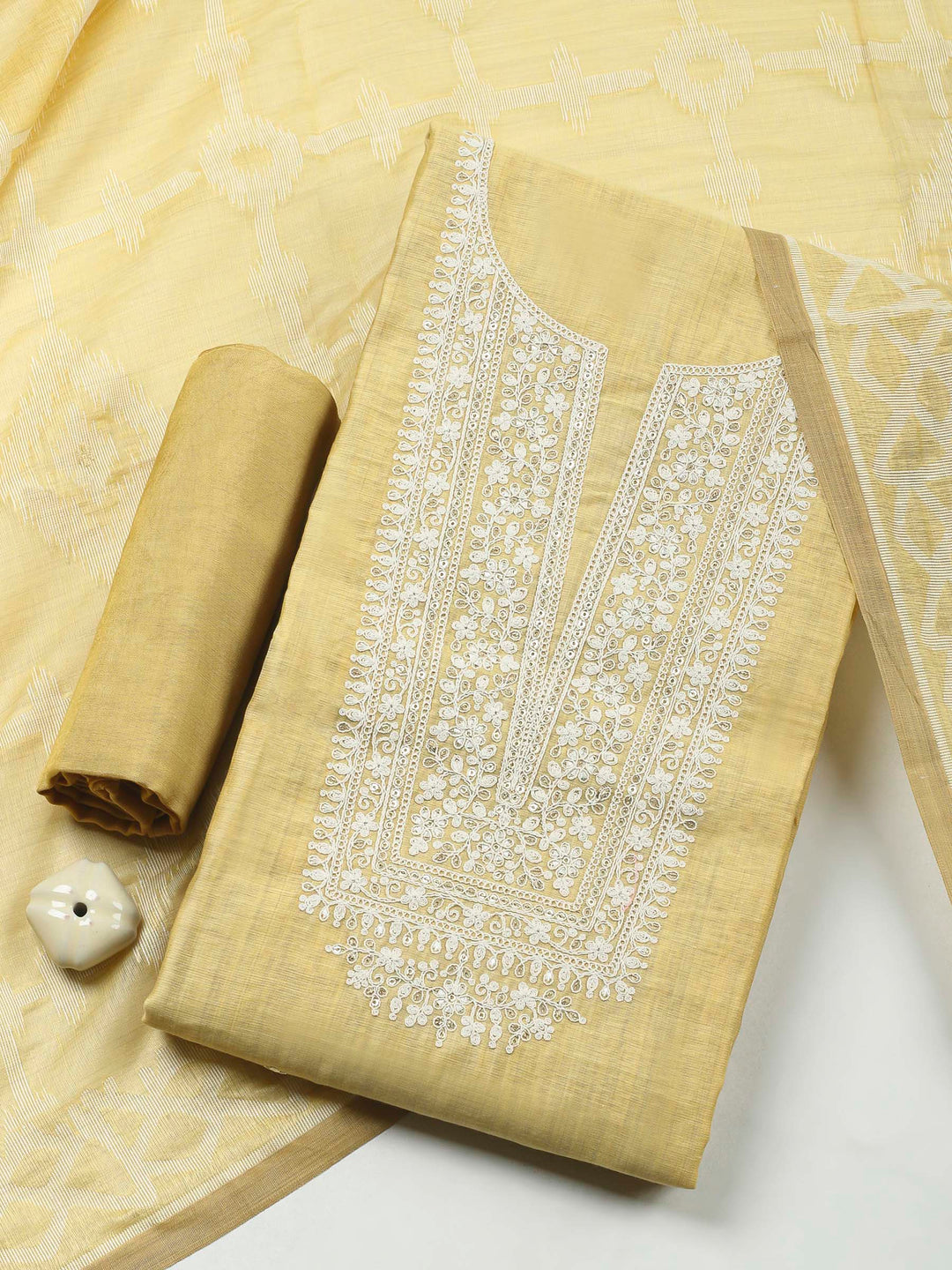 Yellow Embroidery Chanderi Unstitched Dress Material
