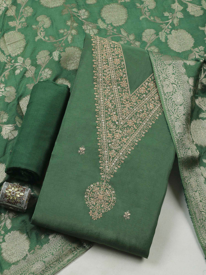 Green Embroidery Chanderi Unstitched Dress Material