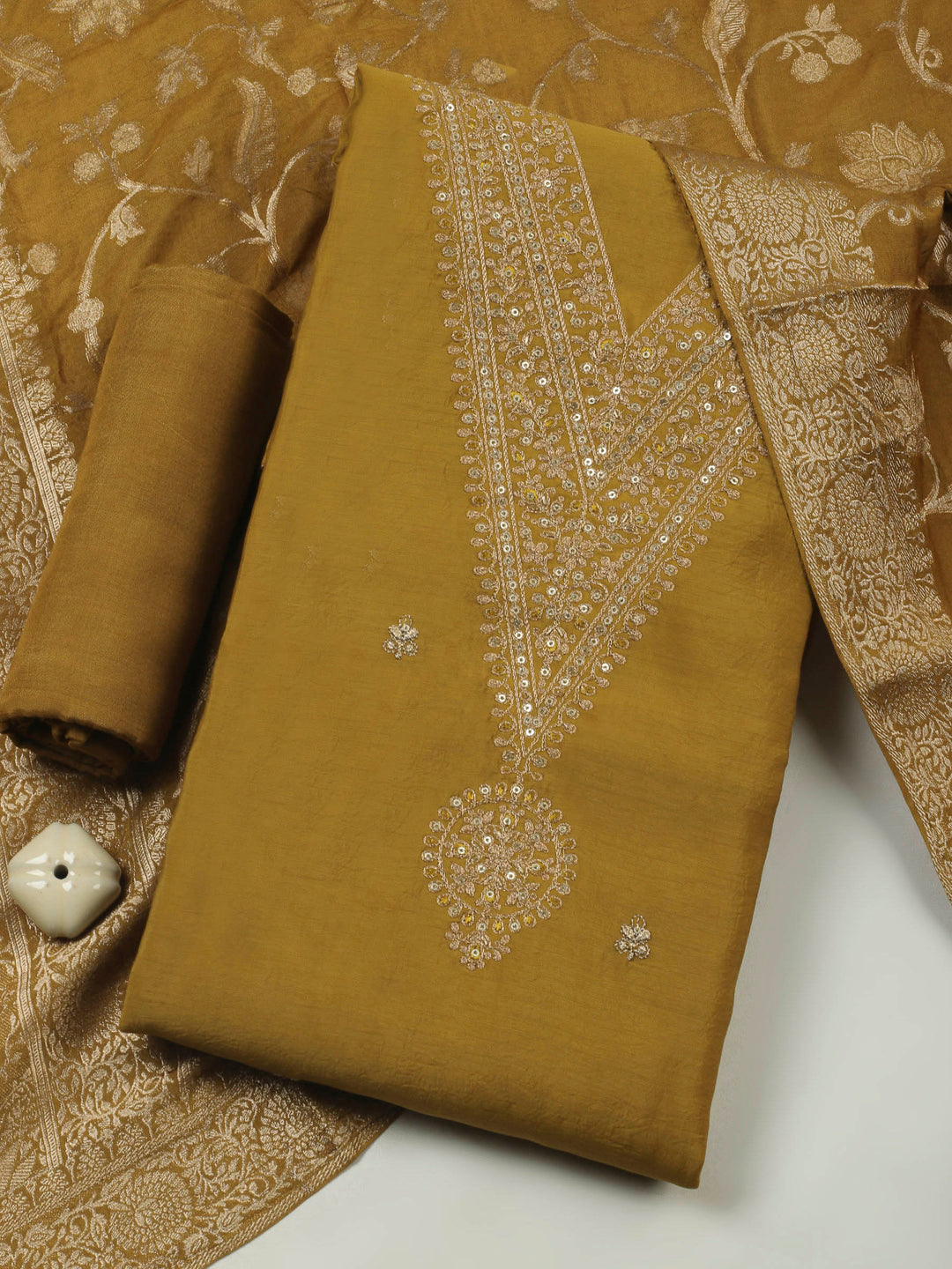 Mustard Embroidery Chanderi Unstitched Dress Material