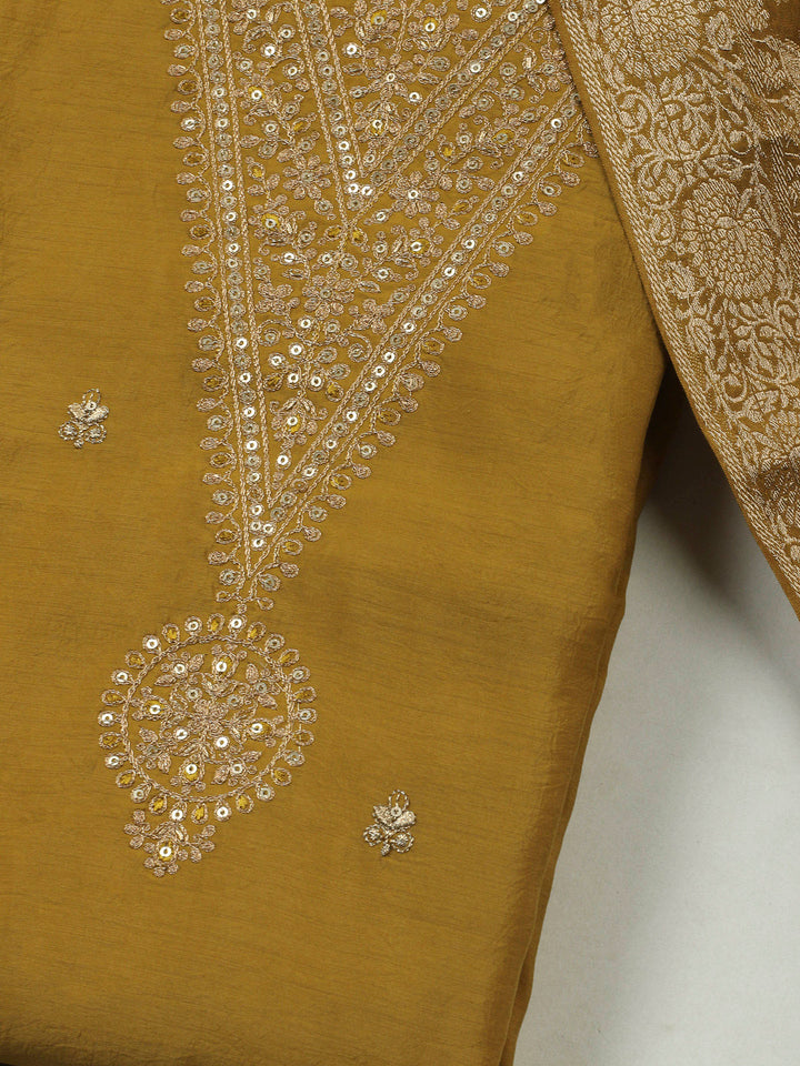 Mustard Embroidery Chanderi Unstitched Dress Material