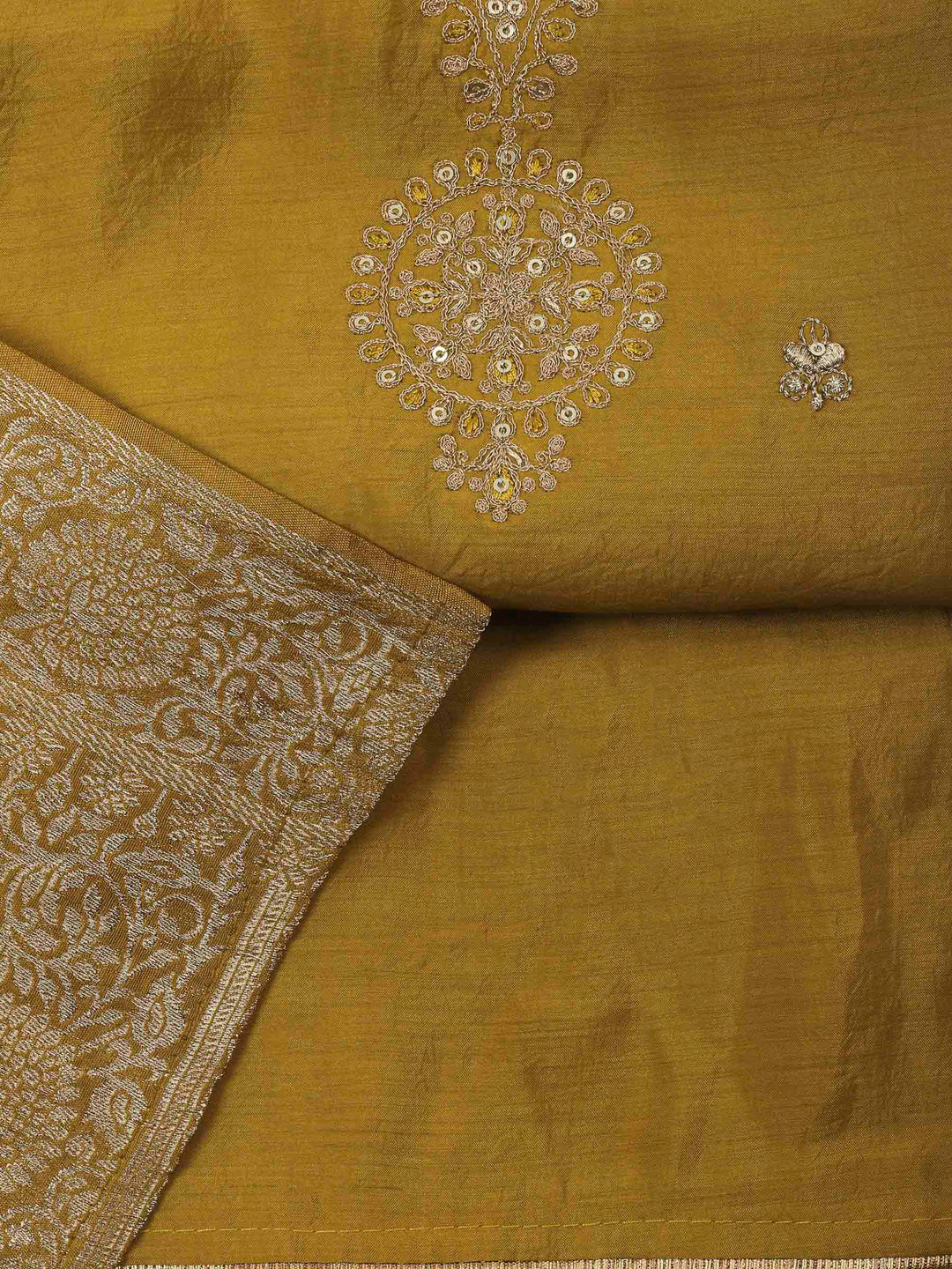 Mustard Embroidery Chanderi Unstitched Dress Material
