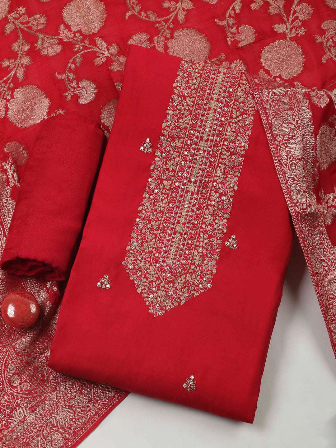 Red Embroidery Chanderi Unstitched Dress Material