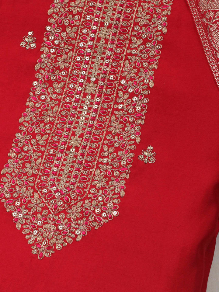 Red Embroidery Chanderi Unstitched Dress Material