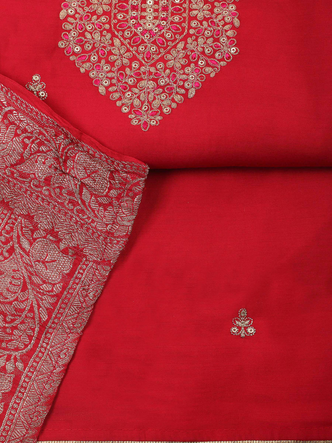 Red Embroidery Chanderi Unstitched Dress Material