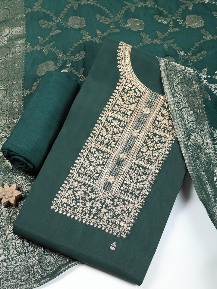Bottle Green Chanderi Embroidered Unstitched Dress Material