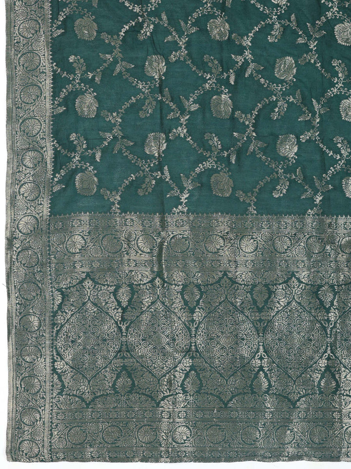Bottle Green Chanderi Embroidered Unstitched Dress Material