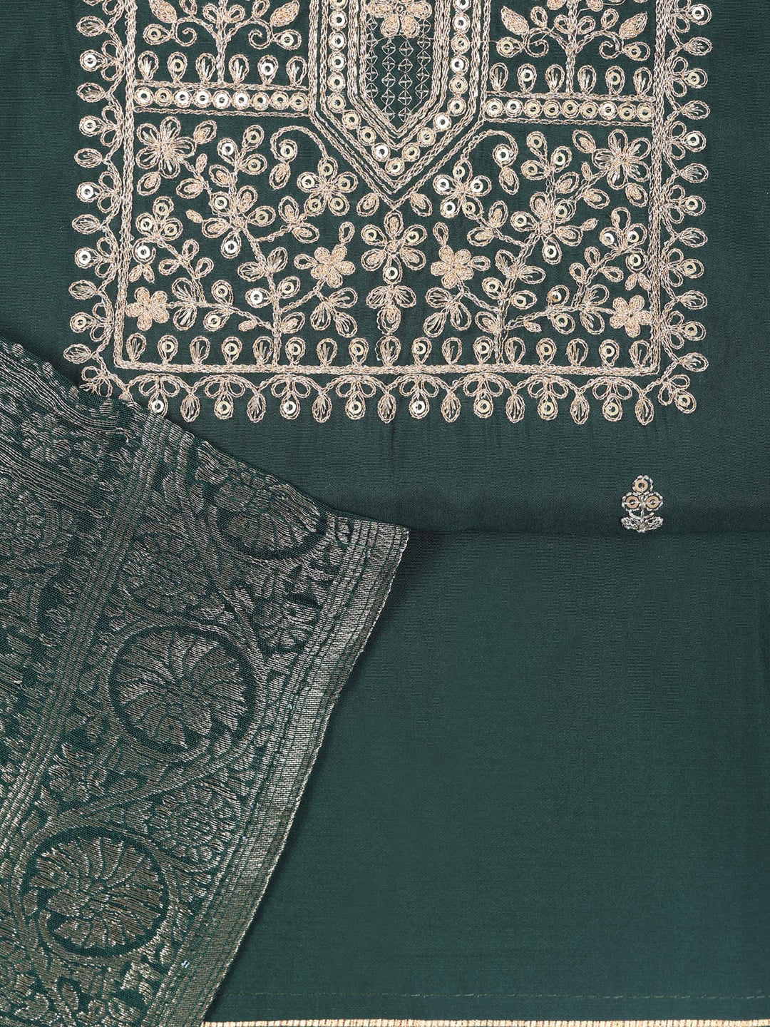 Bottle Green Chanderi Embroidered Unstitched Dress Material