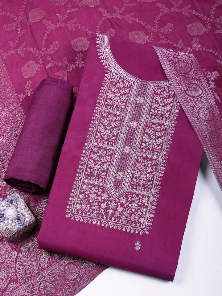 Magenta Chanderi Embroidered Unstitched Dress Material