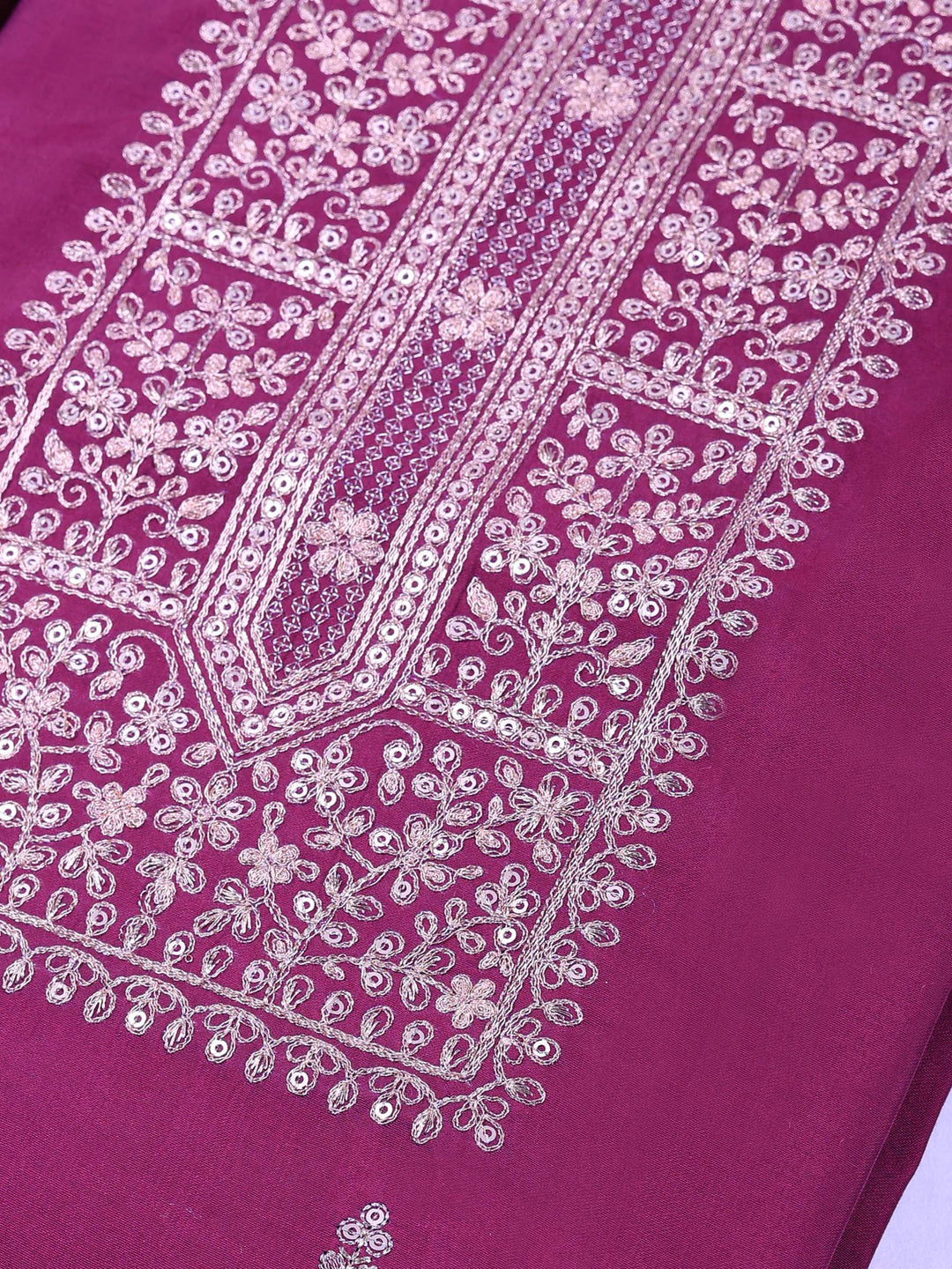 Magenta Chanderi Embroidered Unstitched Dress Material