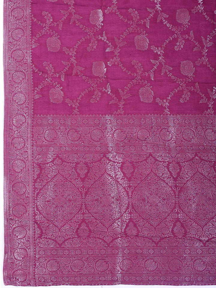 Magenta Chanderi Embroidered Unstitched Dress Material