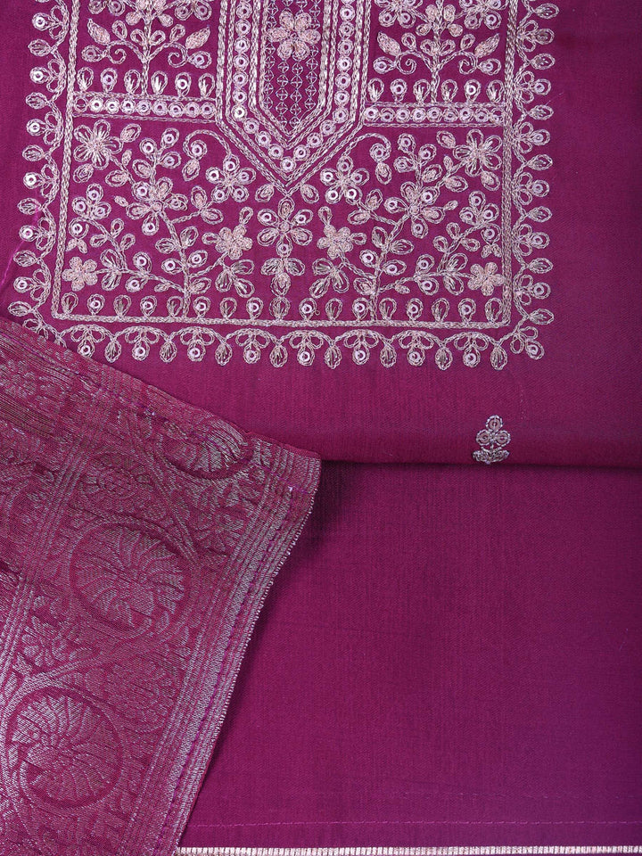 Magenta Chanderi Embroidered Unstitched Dress Material