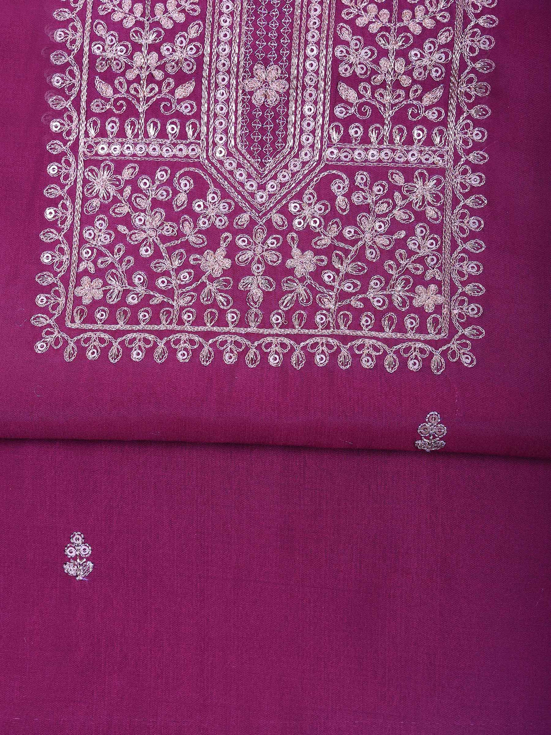 Magenta Chanderi Embroidered Unstitched Dress Material